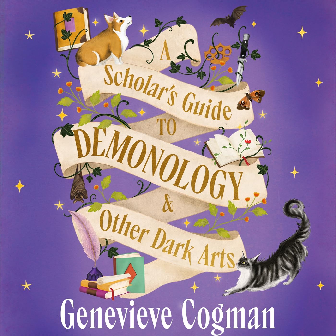 A scroll reading "A Scholar's Guide to DEMONOLOGY & Other Dark Arts", with the author's name at the bottom, surrounded by vines, small creatures, scrolls and inkpots, and a knife caught up in the vines.